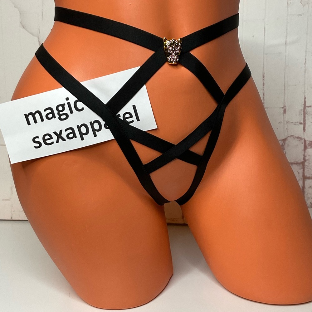 VS M L HIGH-LEG CHEEKY PANTY STRAPPY CAGED CUT OUT OUVERT BANDED LEOPARD BLACK
